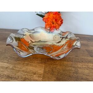 Vintage Carnival Glass Bowl Marigold Butterfly Ruffled Edge Iridescent Dish